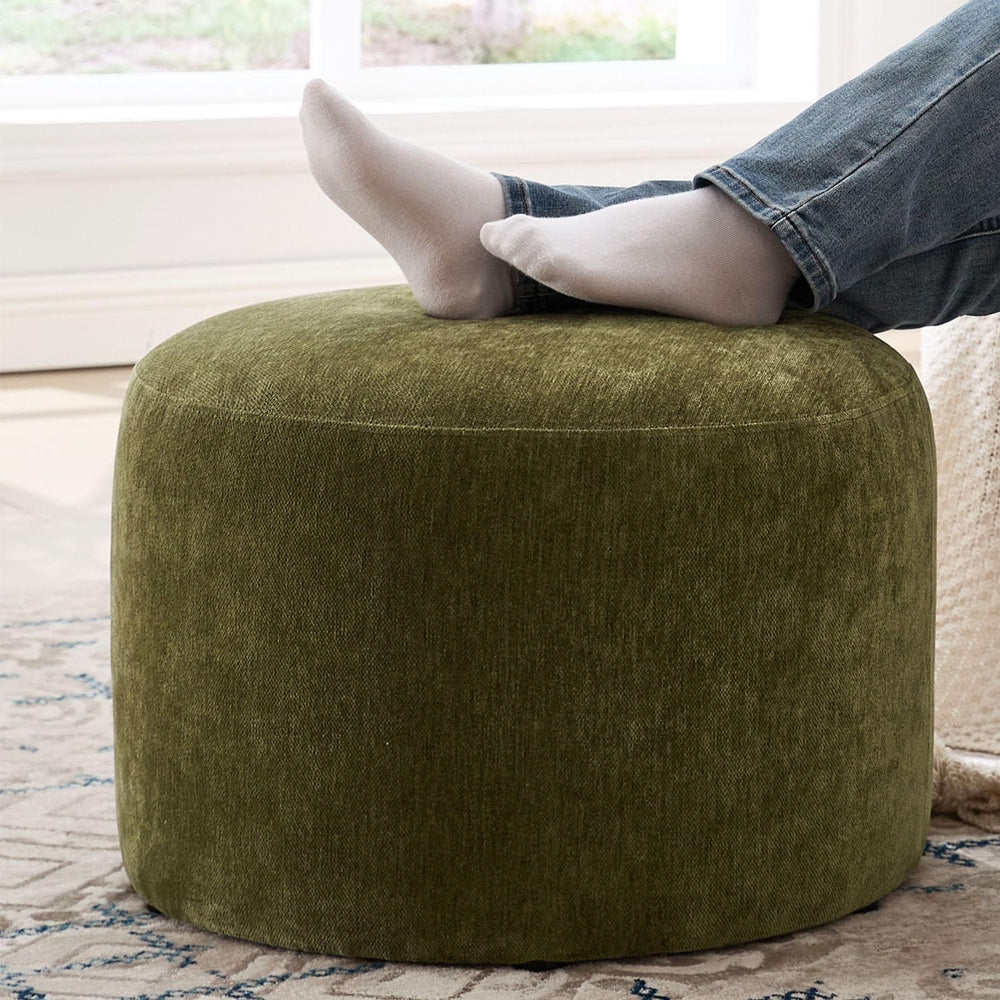 Upholstered Round Green Pouf Ottoman, Modern Footstool | Chenille Footrest wi...