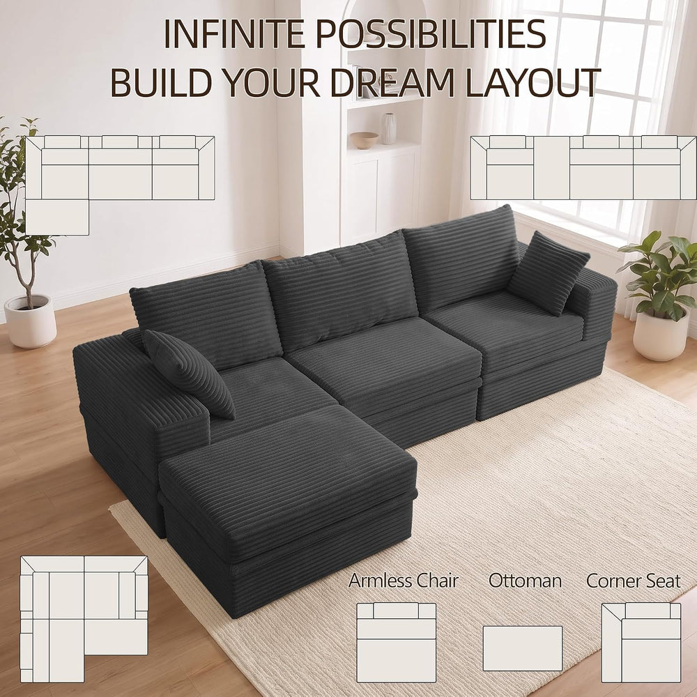 107" L-Shaped Modular Sectional Sofa with Movable Ottoman, Oversized Bon...