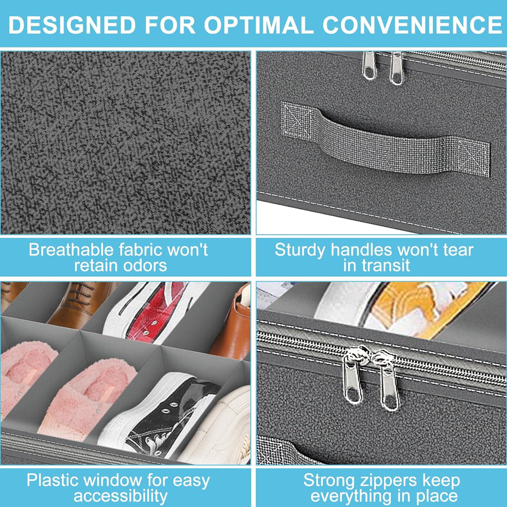 2 Pack Under Bed Shoe Storage Organizer for Closet, Fits Total 32 Pairs Foldable Underbed Shoes Containers Boxes Under the Bed Storage with Sturdy Handles&Clear Window for College Dorms, Light Grey