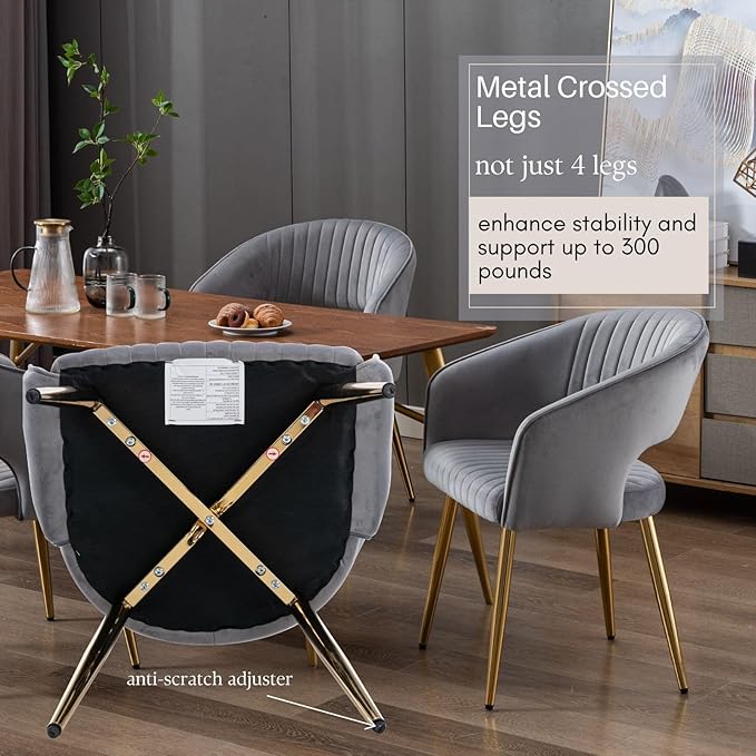 Grey Velvet Dining Chairs Gold Legs, Modern Dining Room Chairs with Arms Set of 2 Upholstered Accent Chair Armchair with Barrel Back for Kitchen Living Room