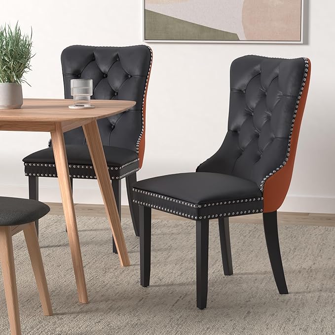 Dining Chairs Set of 4, Upholstered Dining Room Chairs with Back Ring Pull Trim and Solid Wooden Legs, Modern Tufted Kitchen Chairs Perfect for Dining Room, Black Pu Leather Splicing Orange Velvet