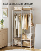 SONGMICS Clothes Rack, Iron and Wood Wardrobe Closet Organizer, Heavy Duty Garment Rack with Hanging Rods, Closet Shelves, Removable Hooks, 15.7 x 37.2 x 70.9 Inches, Natural Beige URGR004W67
