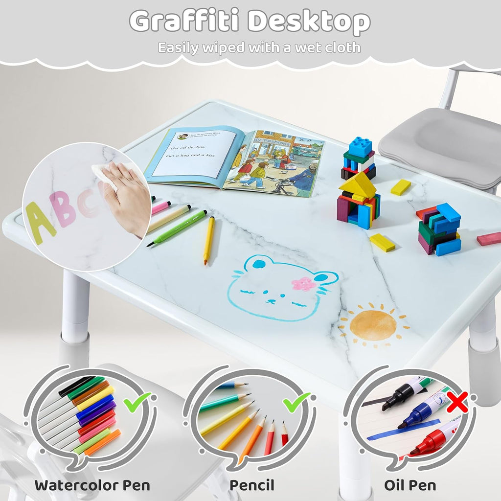 DOREROOM Toddler Table and 4 Chairs Set, Height Adjustable Kids Table and Chair Set, 31.5''L x 23.6''W, Marble Pattern & Graffiti Desktop, Children Multi-Activity Table for Home/Daycare/Classroom