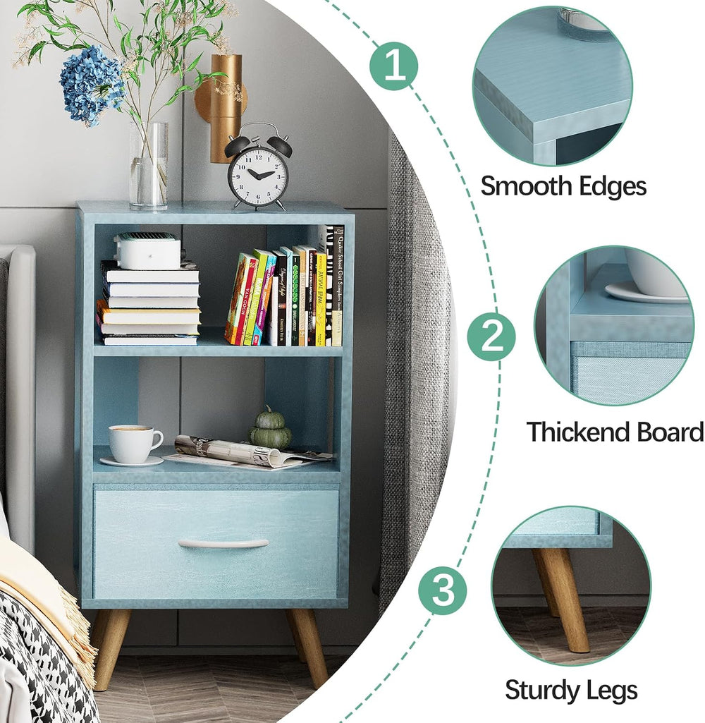 Aenuert Night Stand, Blue Nightstand with Drawer, Side Table with Open Storag...