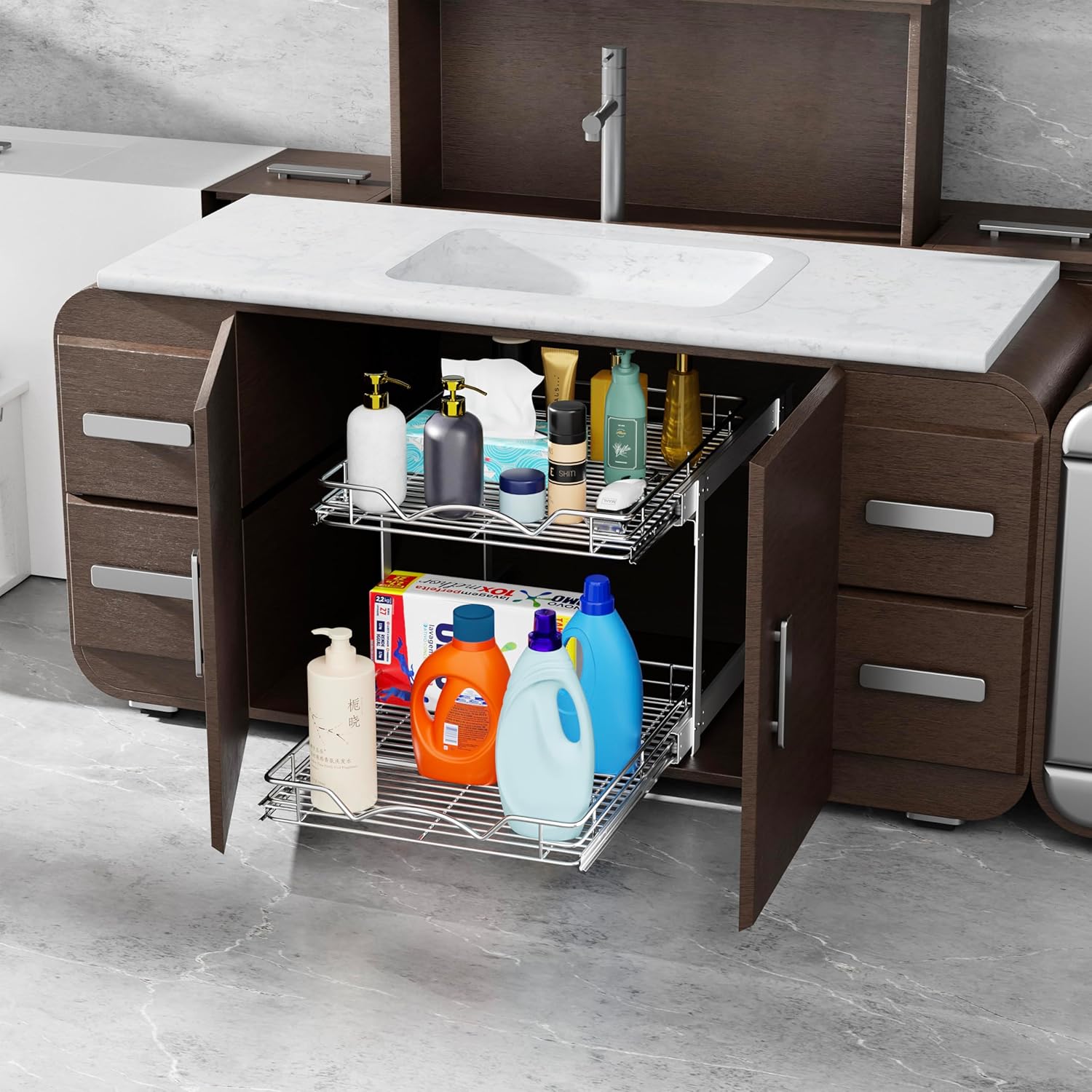 HOLDN’ STORAGE Two Tier Pull Out Cabinet Organizer, Individual Sliding Drawers - Heavy Duty Metal with Lifetime Limited Warranty - Anti Rust Chrome Finish - 17" W x 21”D x 16.5" H
