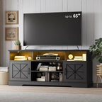 Farmhouse TV Stand for 65/60/55 Inch Tvs, Rustic Entertainment Center with LED Lights and Power Outlets, Modern Media Console Table, Wood Television Furniture for Living Room, Bedroom, Black