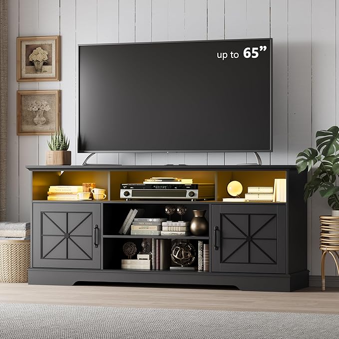 Farmhouse TV Stand for 65/60/55 Inch Tvs, Rustic Entertainment Center with LED Lights and Power Outlets, Modern Media Console Table, Wood Television Furniture for Living Room, Bedroom, Black