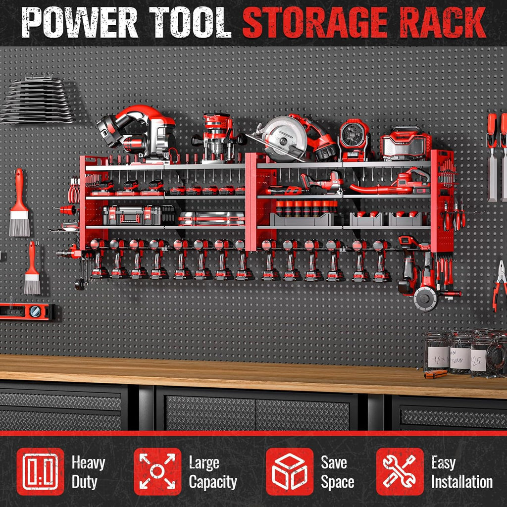 66" W Super Large Power Tool Organizer Wall Mount,Heavy Duty Cordless Tool Organizer with 18 Drill Holder,600 Lbs Capacity 4-Layer Garage Organization for Garage and Workshop (Red)