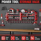 66" W Super Large Power Tool Organizer Wall Mount,Heavy Duty Cordless Tool Organizer with 18 Drill Holder,600 Lbs Capacity 4-Layer Garage Organization for Garage and Workshop (Red)