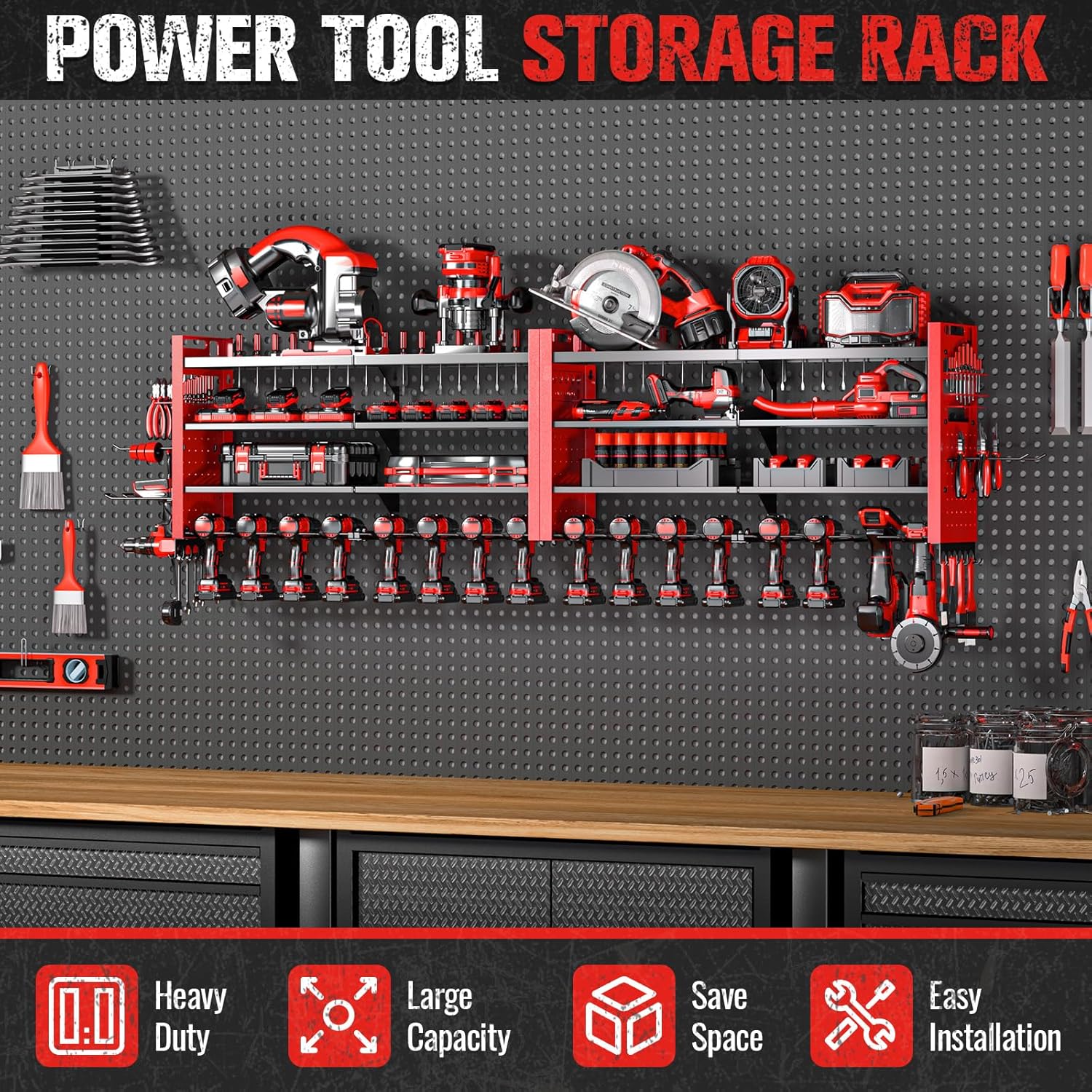 66" W Super Large Power Tool Organizer Wall Mount,Heavy Duty Cordless Tool Organizer with 18 Drill Holder,600 Lbs Capacity 4-Layer Garage Organization for Garage and Workshop (Red)