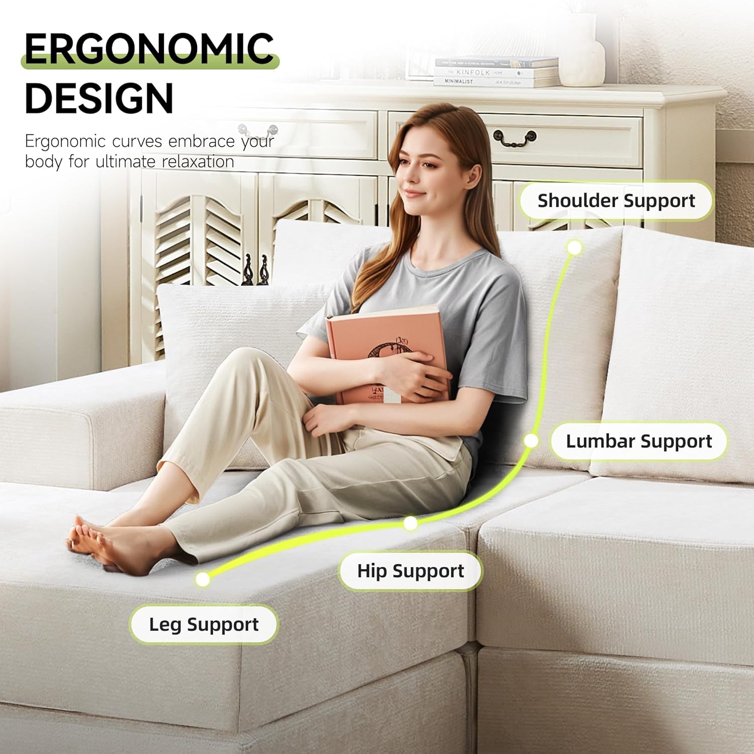 79" Boneless Cloud Loveseat Sofa Couch, Modular Foldable Floor Sofa with Ottoman, Chenille Lounge Convertible Sofa Bed for Living Room, No Assembly, Beige