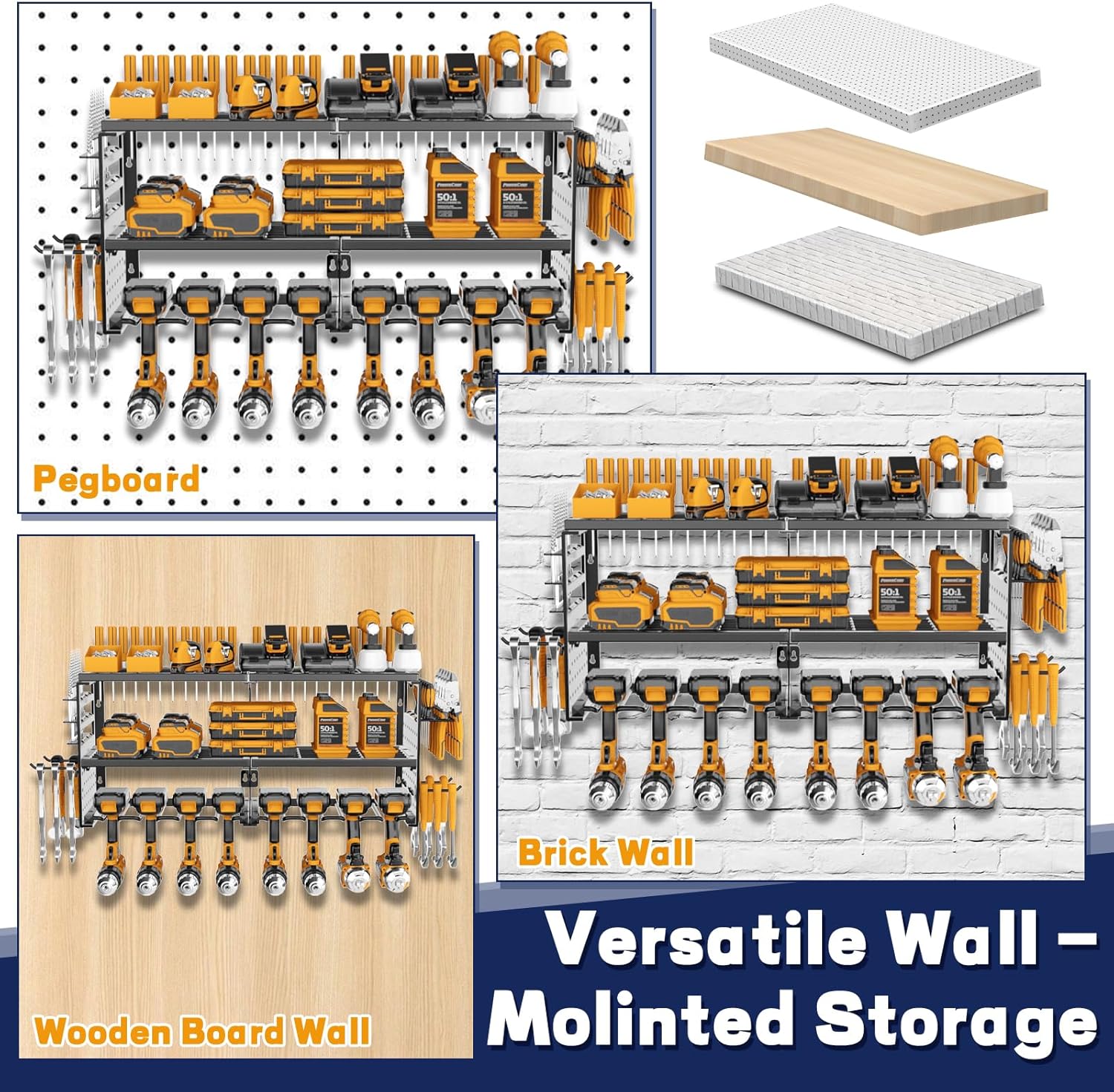 Power Tool Organizer Wall Mount, 300Lbs Load 3 Layer Heavy Duty Metal Tool Shelf with 8 Drill Holders, Garage Workshop Storage for Cordless Tools Batteries Screwdrivers(Black)
