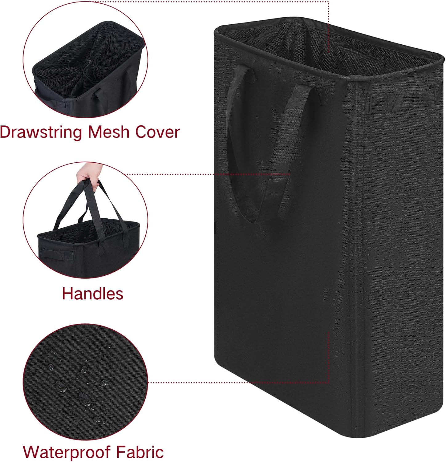 efluky Slim Laundry Basket, Narrow Laundry Hamper with Handles, Collapsible Dirty Clothes Hamper, Tall Laundry Bin for Laundry Room, Dorm and Bedroom, 12.7 Gallons(48L) Black