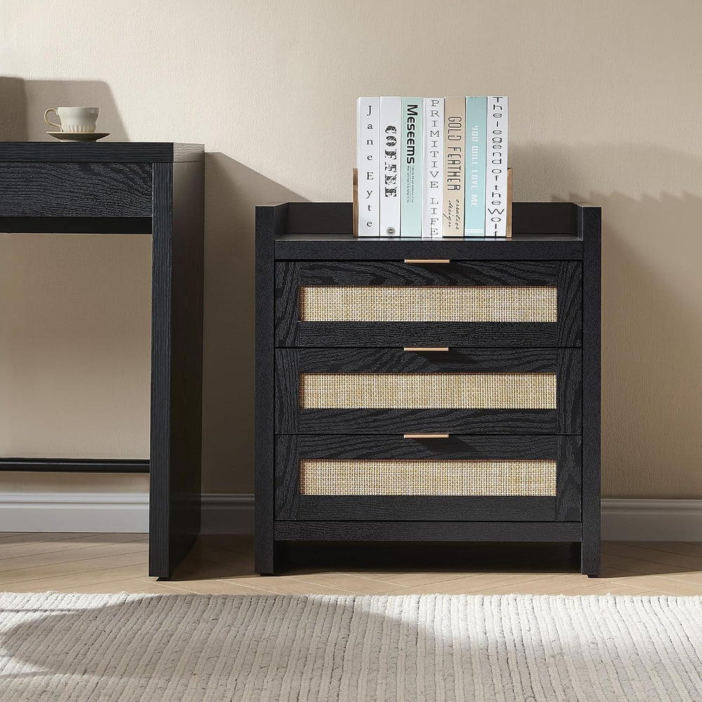 SICOTAS Nightstands Set of 2 : Rattan Tall Bedside Table with 3 Drawers | Far...