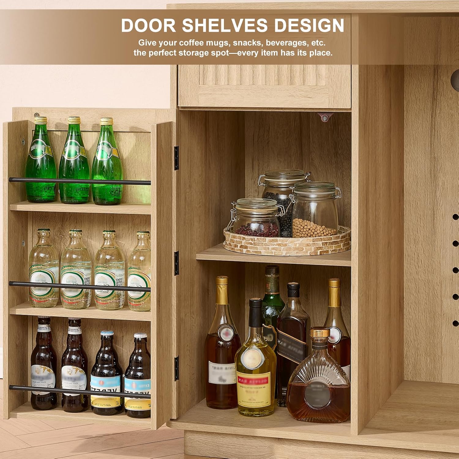 Okvnbjk Mini Fridge Cabinet with Storage & Power Outlet, Oak | Coffee Bar Cabinet with Fridge Space, Fluted Bar Cabinet for Living Room, Dining Room, Dorm