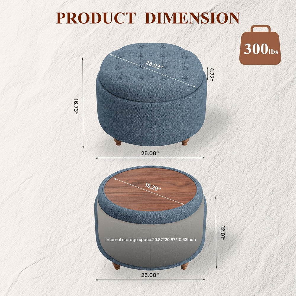 25" Round Ottoman with Storage, Small Coffee Table with Reversible Tray ...