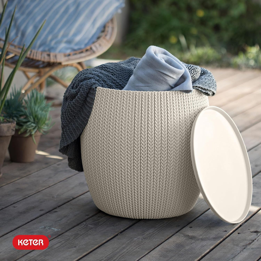 KETER Urban Knit Pouf Ottoman Set of 2 with Storage Table for Patio and Room ...