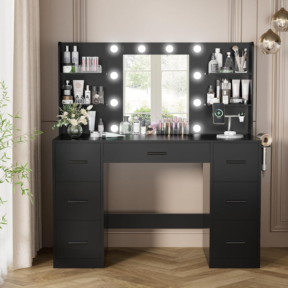 YESHOMY Vanity Desk with Mirror, Outlet, 10 Lights & 7 Drawers,Black | Li...