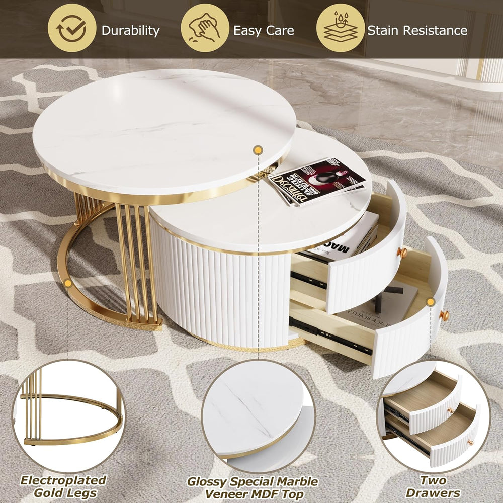 WILLIAMSPACE 27.6" Round Nesting Coffee Table with 2 Drawers, Modern Woo...