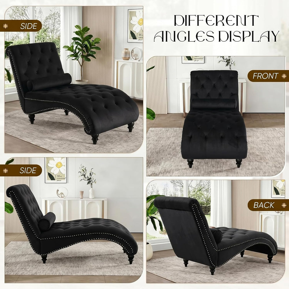 Black Velvet Chaise Lounge Indoor with Toss Pillow, Modern Pink Chaise Lounge...