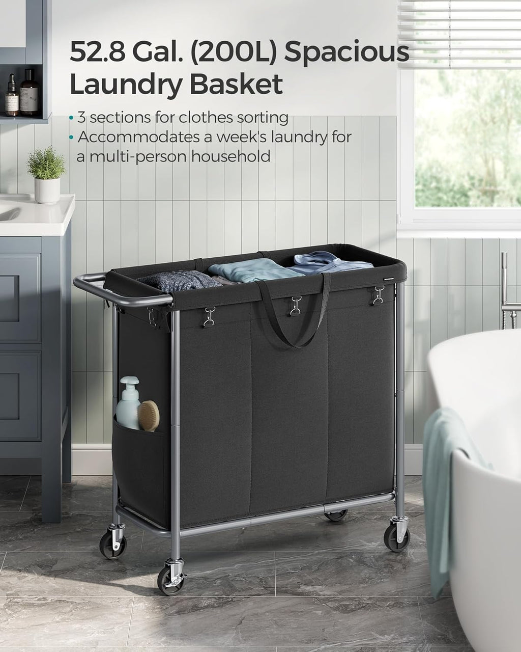 SONGMICS Laundry Basket with Wheels, 3-Section Rolling Laundry Hamper, 52.8 Gallons (200 L), Removable Liner, Steel Frame with Handle, 35.8 x 15.4 x 31.9 Inches, Ink Black URLS005B01