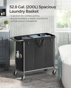 SONGMICS Laundry Basket with Wheels, 3-Section Rolling Laundry Hamper, 52.8 Gallons (200 L), Removable Liner, Steel Frame with Handle, 35.8 x 15.4 x 31.9 Inches, Ink Black URLS005B01