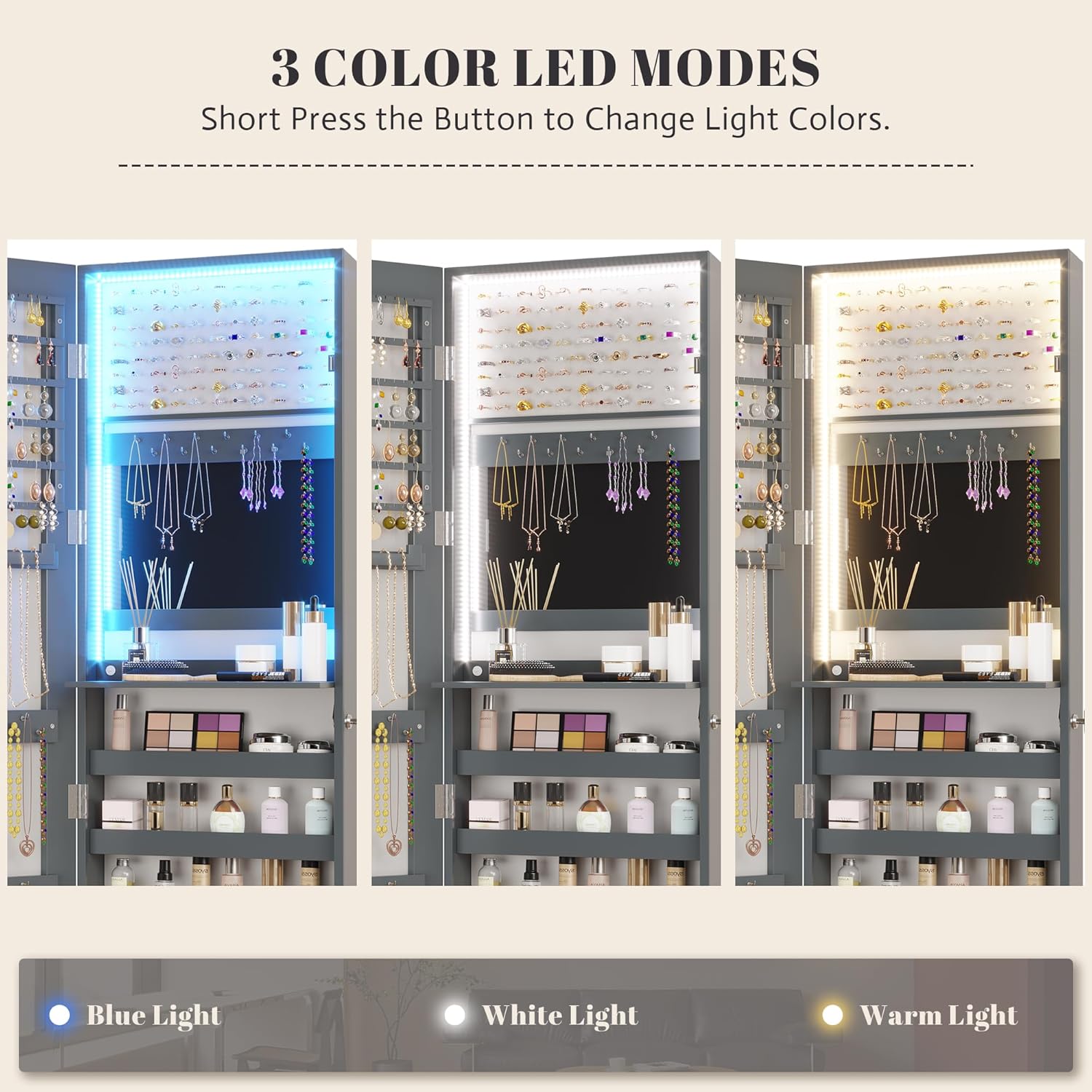 Vlsrka 47.2" LED Grey Jewelry Mirror Cabinet, Wall/Door Mounted Jewelry Armoire Organizer with Full-Length Mirror, Large Capacity Storage Hanging Cabinet, 4 Drawers, 5 Shelves, Built-in Lighted Mirror