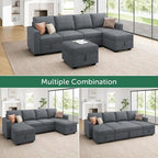 HONBAY Modular Sectional Sleeper Sofa Bed, Chenille Pull Out Couch with Storage Ottoman, U Shaped Sectional Couches for Living Room, Bluish Grey