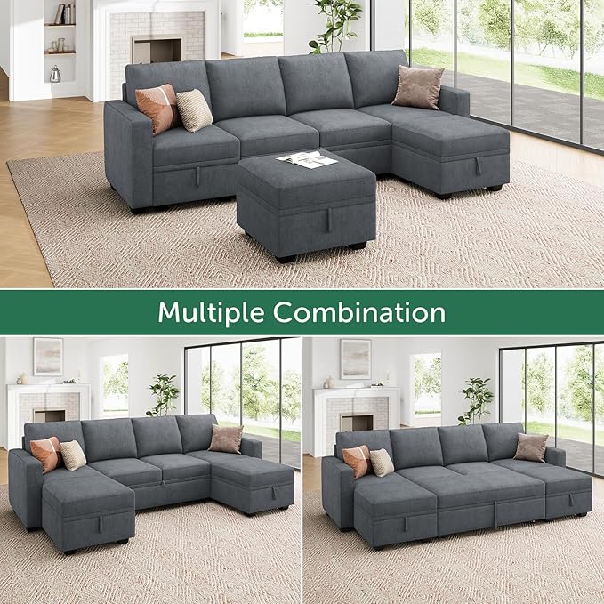 HONBAY Modular Sectional Sleeper Sofa Bed, Chenille Pull Out Couch with Storage Ottoman, U Shaped Sectional Couches for Living Room, Bluish Grey