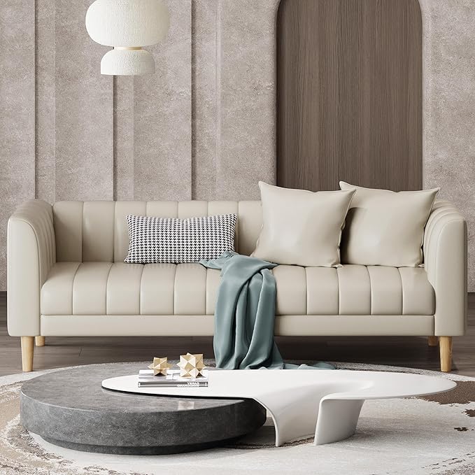 IDEALHOUSE 83" W Faux Leather Sofa Couch for Living Room, Modern 3 Seater Sofa Couch with Deep Seats, 2 Throw Pillows and Wood Legs, for Small Space, Bedroom, Apartment, Home Office, Beige