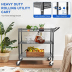 YNN Black Utility Rolling Cart,990Lbs 3 Tier Heavy Duty Metal Cart with Wheels & Handle NSF Wheeled Cart 31" D x 18" W x 33" H for Bedroom, Bathroom, Kitchen,Garden,Decor,Serving
