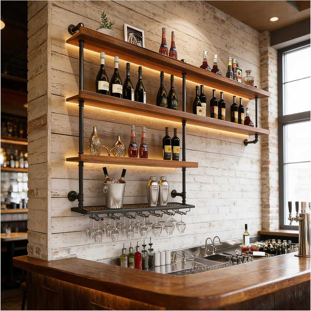 39.4in Solid Wood Wine Rack Wall Mounted, 4-Tier with LED Lights | Liquor Bot...