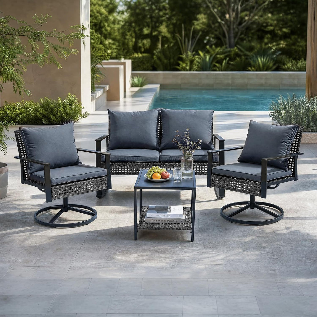 GDY 4-Piece Outdoor Patio Furniture Set, Includes 1-Woven Rattan Rocking Chair, 1-Table, & 2-Swivel Chairs, with Extra-Thick Cushions, for Gardens, Porches, Poolside, or Patio Lounge Spaces, Grey