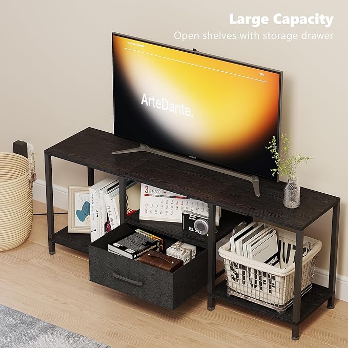 TV Stand with LED Lights, Entertainment Center with Open Shelves and Fabric D...