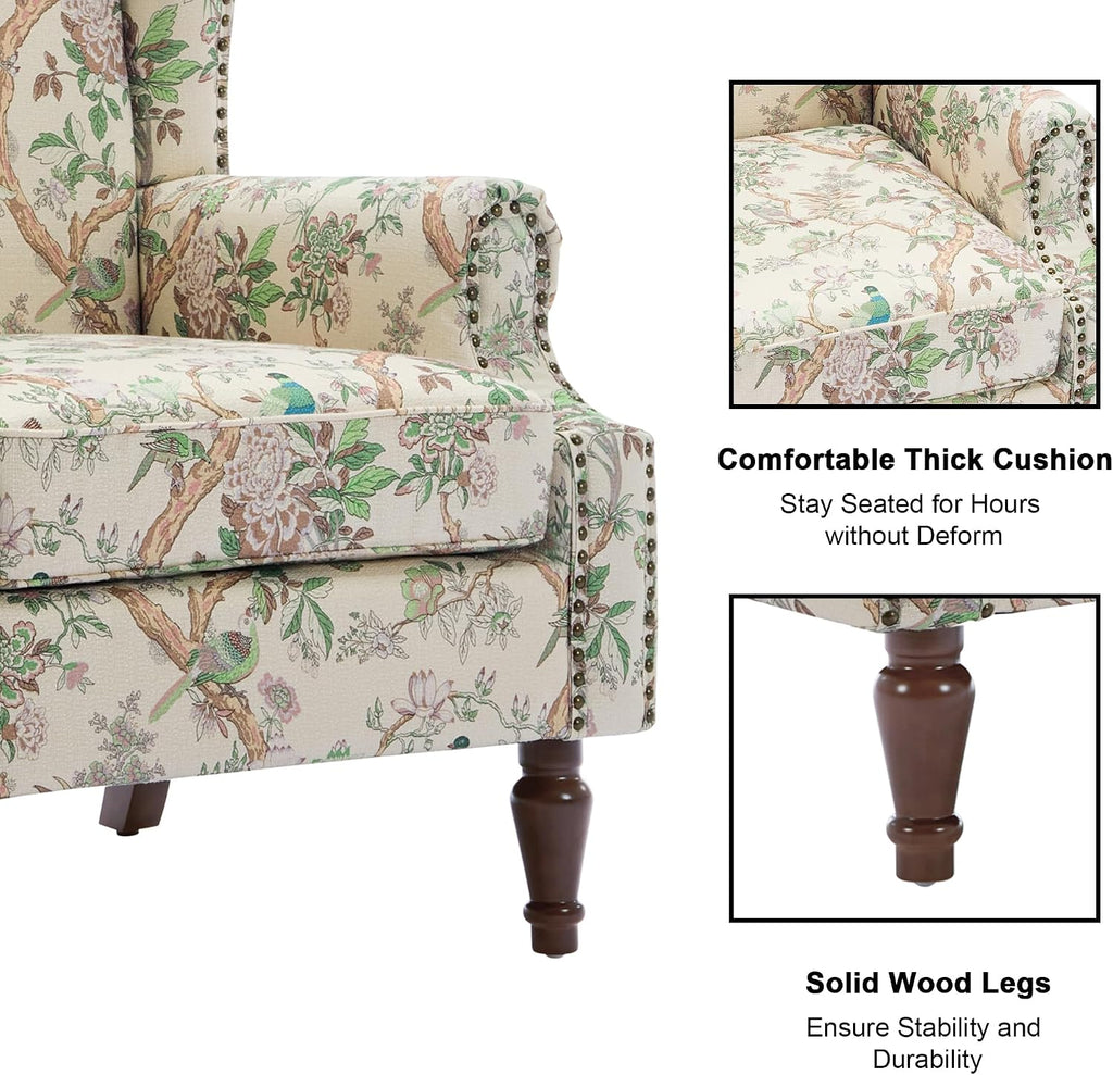 Wingback Accent Chair with Wood Legs, Bird, Set of 1 | High Back with Side Wings | Armrest Nailhead Trim | Solid Wood Frame | High-Density Foam Cushion | For Living Room & Bedroom