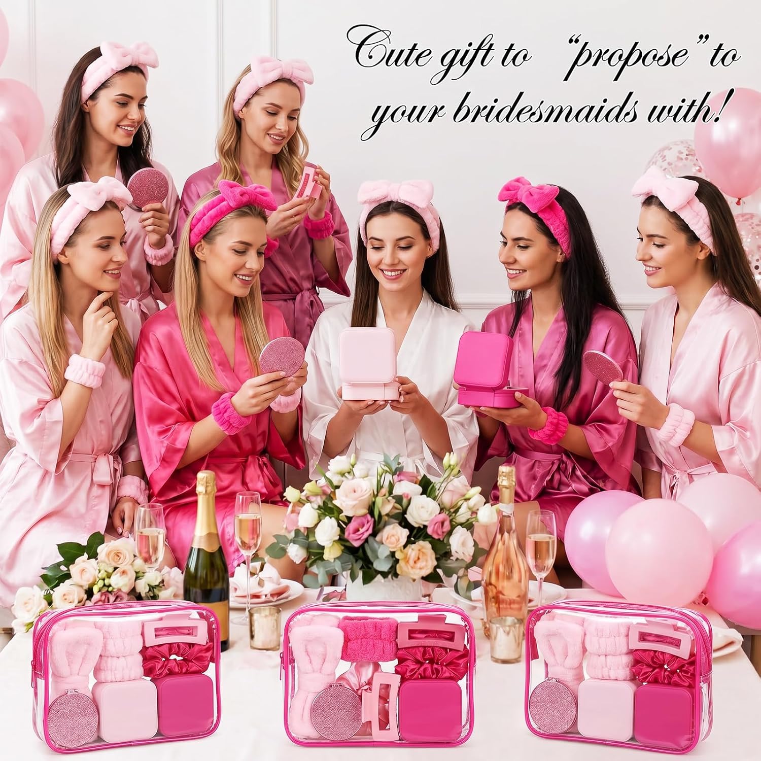 48 Pcs Sleepover Party Supplies Kit Bridesmaid Proposal Gifts Slumber Birthday Spa Party Favors Bow Headband Scrunchies Jewelry Case Makeup Bag Mirror for Gifts (Pink and Rose Red)