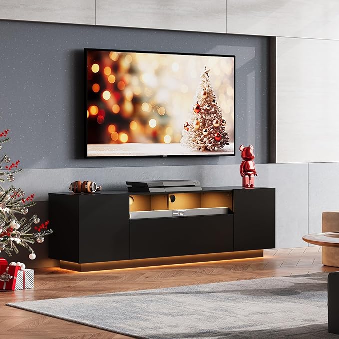 WLIVE Modern TV Stand for 65 Inch TV, Entertainment Center with LED Lights & Large Storage Cabinets, Sturdy Media Console for Living Room, Bedroom, Gaming(Black)