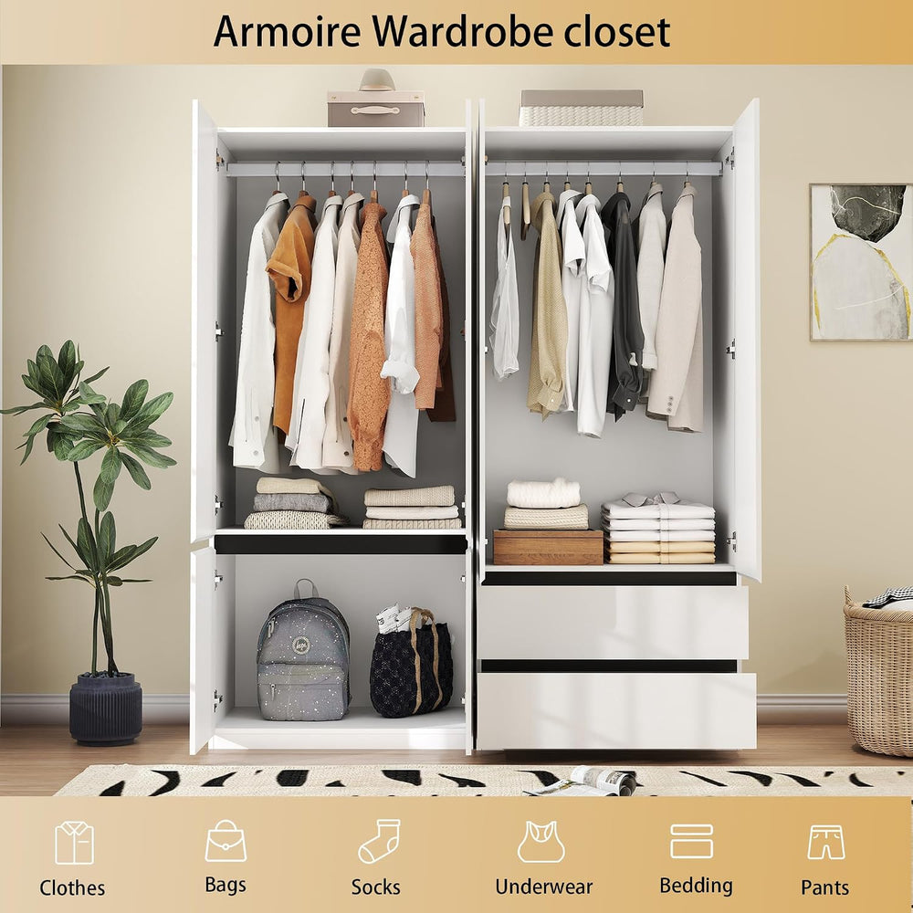 Wardrobe Closet with 4 Doors: 75" White Armoire with 2 Drawers, Wooden W...