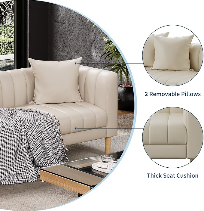 IDEALHOUSE 83" W Faux Leather Sofa Couch for Living Room, Modern 3 Seater Sofa Couch with Deep Seats, 2 Throw Pillows and Wood Legs, for Small Space, Bedroom, Apartment, Home Office, Beige