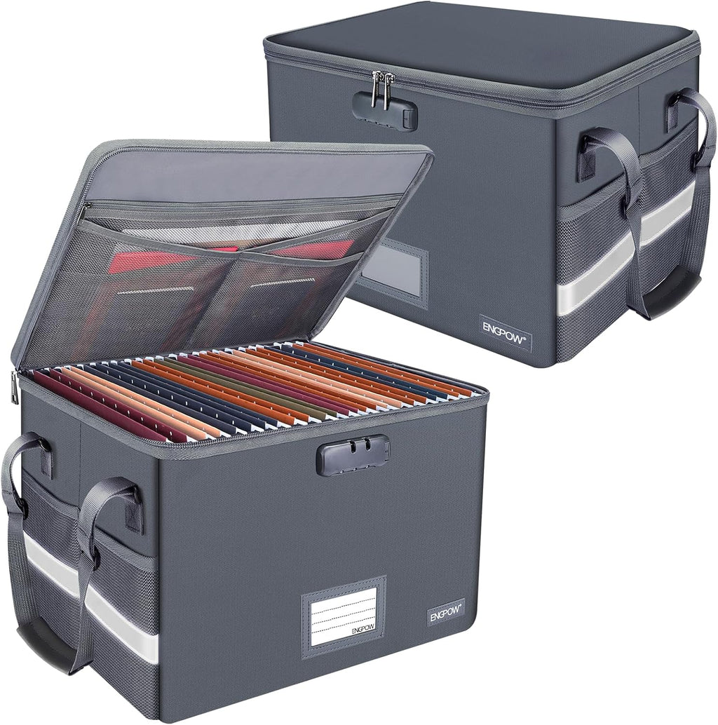 ENGPOW File Box with Lock, Fireproof Document Box with Pockets, Collapsible File Organizer Filing Storage Cabinet with Handle, Portable Home Office Safe for Hanging Letter/Legal Folders,Gray,2 Pack