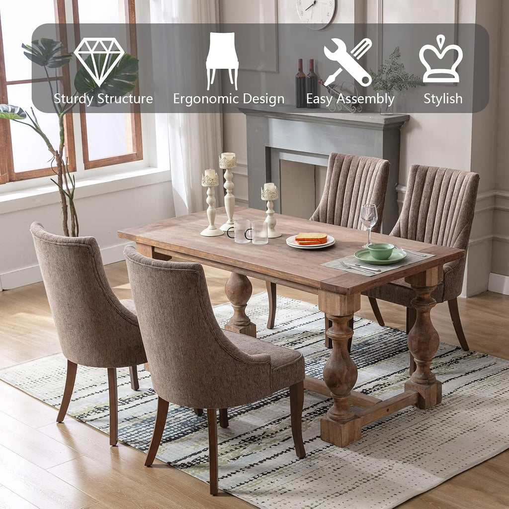mikibama Linen Brown Dining Chairs Set of 6 Channel Tufted Kitchen Dinner Chair Comfy Fabric Upholstered Accent Chair for Dining Room with Solid Wood Legs