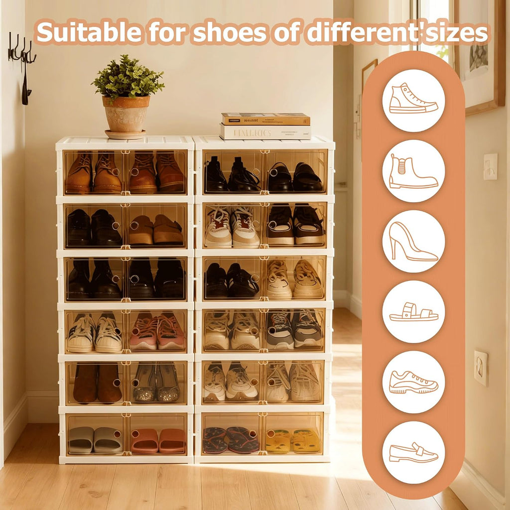 Folding Shoe Rack Storage Device,Large Plastic Folding Shoe Cabinet, Easy to Assemble Shoe Rack Storage Cabinet with Transparent Door Magnetic Buckle (6 Layers, 2 Groups, 24 Pairs)