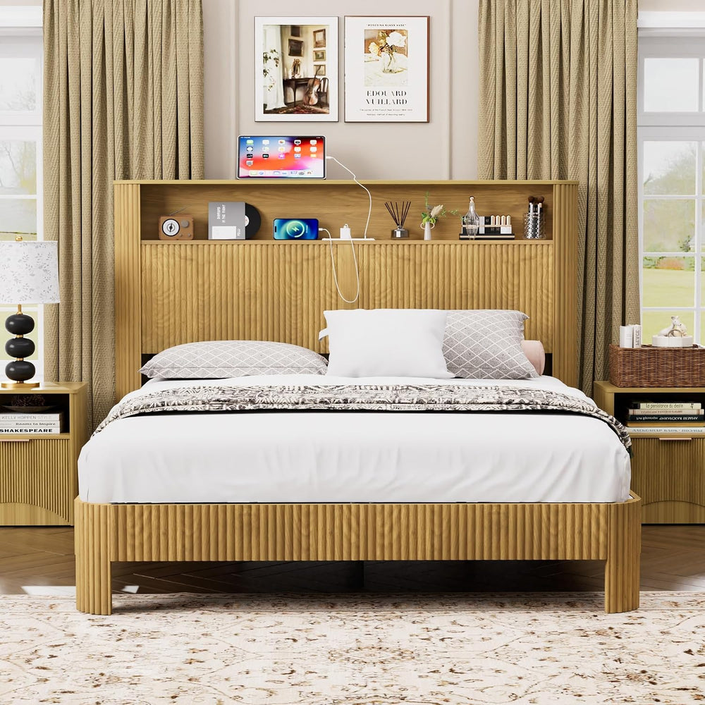 Peanu Queen Bed Frame, Storage Headboard, Charging Station, Silent, Natural