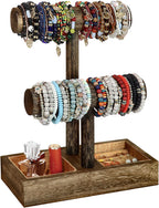 LadyRosian 2 Tier Wooden Display Jewelry Accessory Stand Jewelry Bracelet Holder Bangle Watch Necklace Storage Jewelry Box Organizer, (Brown-2 layers)