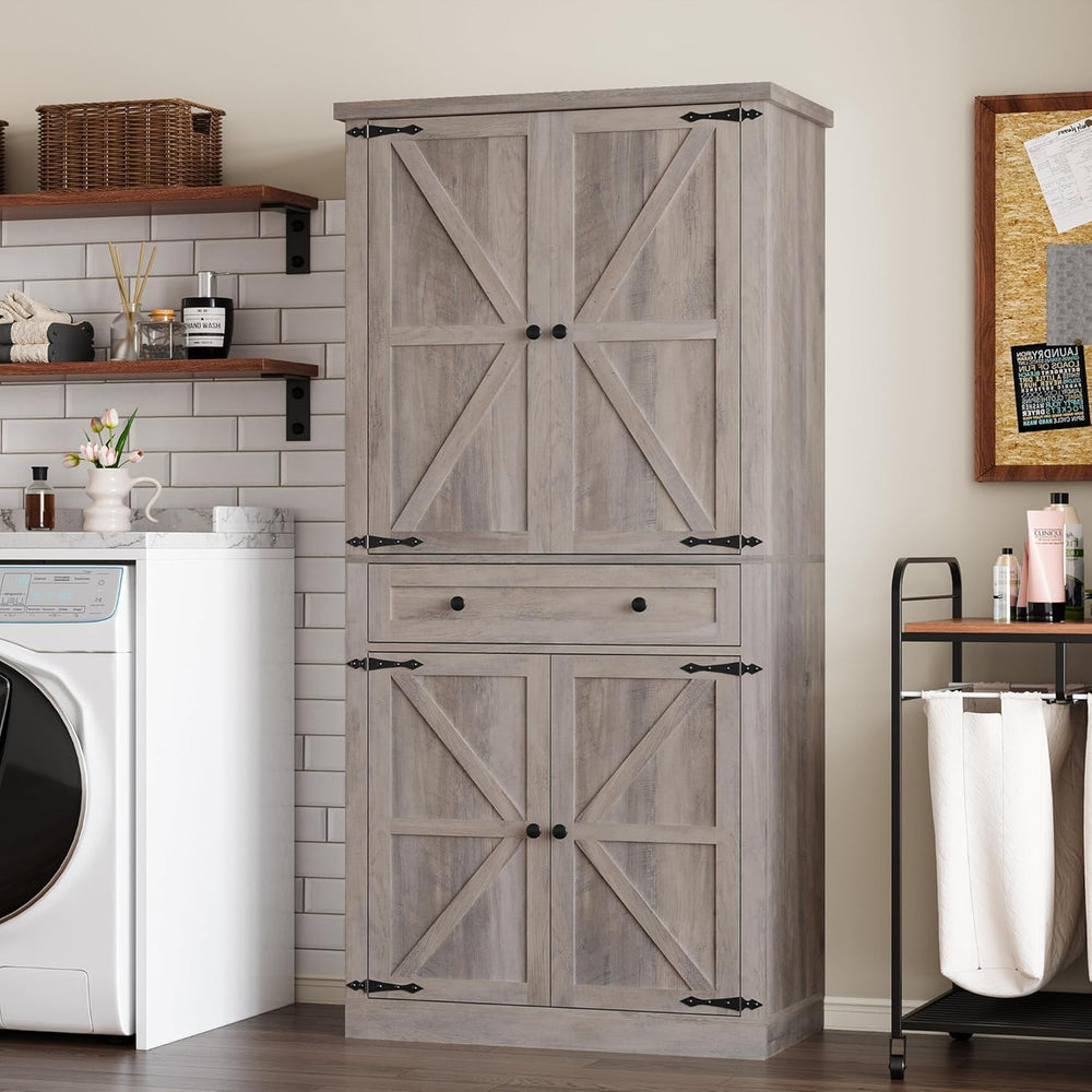 BORNOON Pantry Organizers and Storage Cabinet, 67.7” Barn Door White Kitchen ...