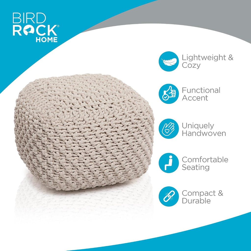 BIRDROCK HOME Square Pouf Ottoman - Cotton Braided Foot Stool with Bean Bag Filling - Compact and Comfortable Seating, Lightweight and Sturdy Boho Foot Rest for Living Room or Bedroom (Natural)
