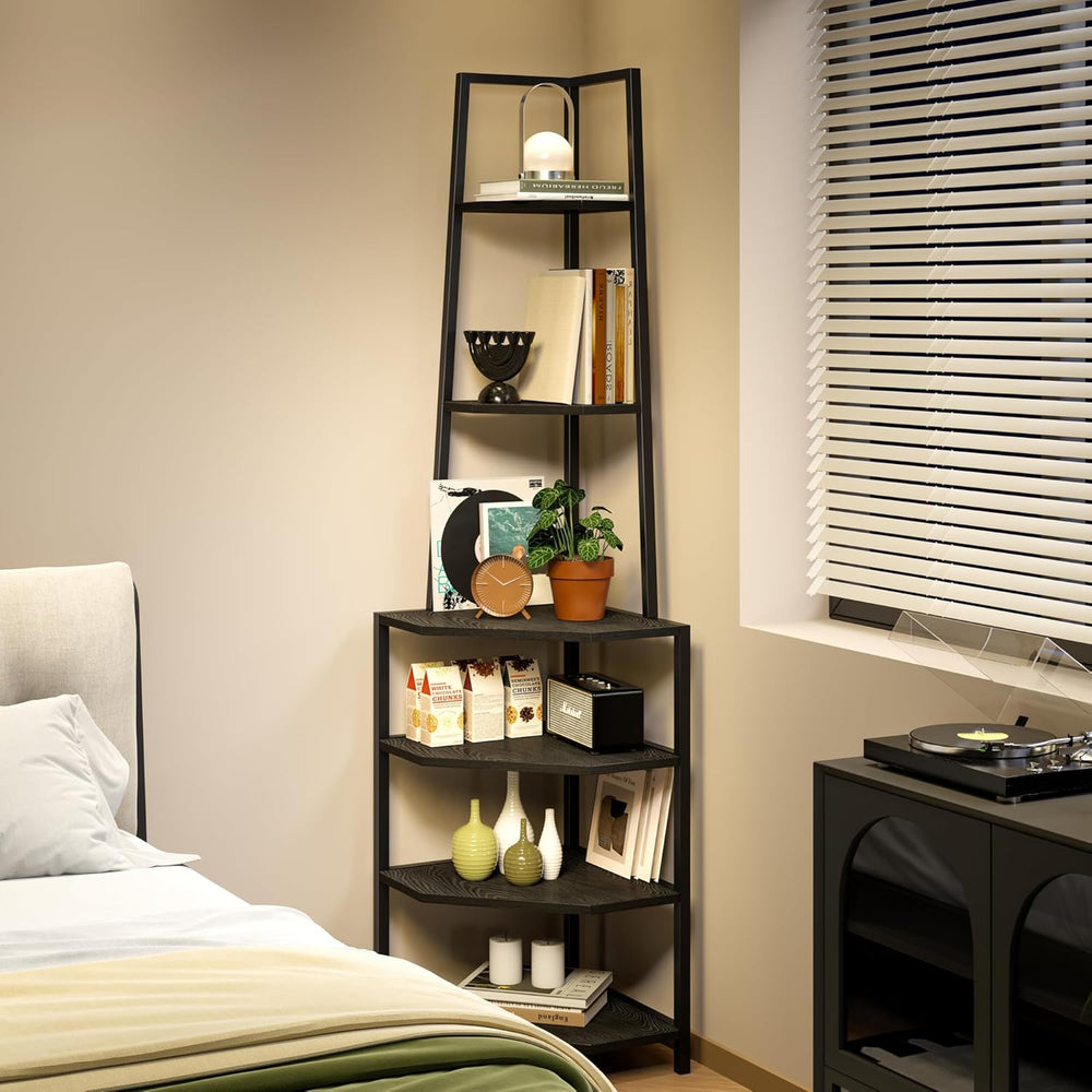 VECELO 6 Tier Corner Shelf 69 Inch Industrial Bookshelf with Metal Frame, Mul...