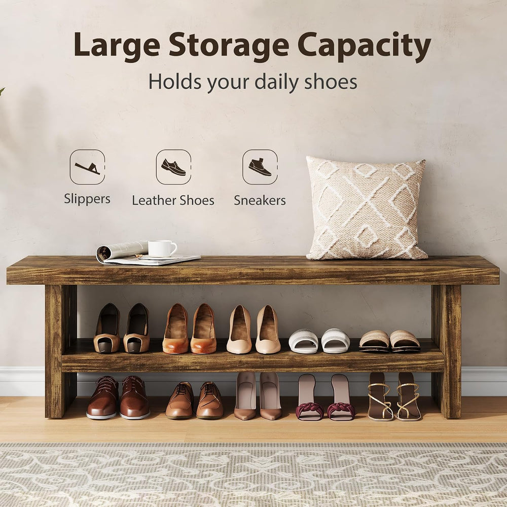 2 Tier Entryway Bench, 47.24" Shoe Bench, Rustic Shoe Rack, Wooden Stora...