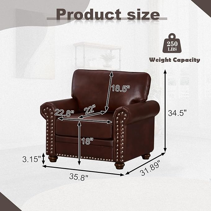 Faux Leather Accent Chair,35" W Upholstered Mid Century Modern Armchair with Rivet Rolled Arm,Deep Seat Comfy Single Sofa Chair for Living Room,Bedroom,Apartment,Office(Burgundy)