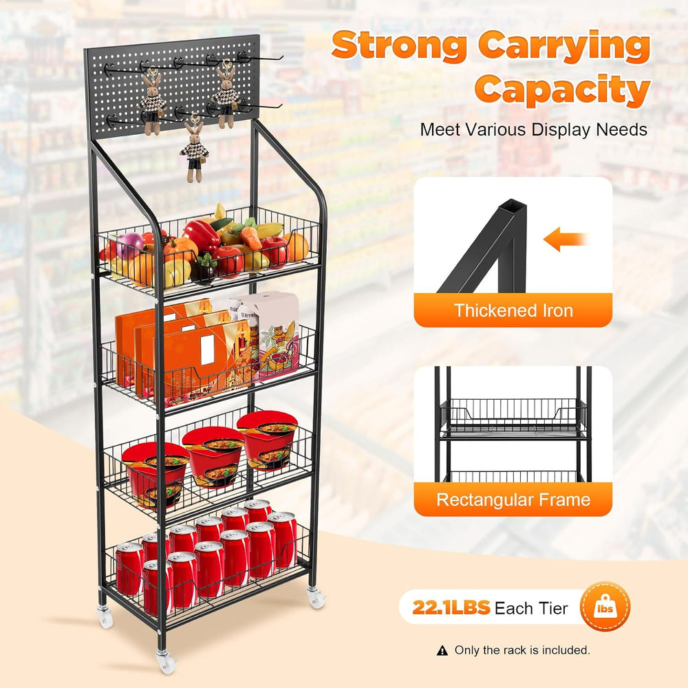 4 Tiers Baskets Adjustable Rolling Display Snack Rack, Snack Storage Organize...